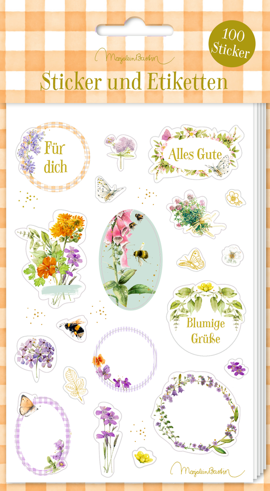 Stickerbogen Sticker und Etiketten Gartenliebe. Bogen mit Stickern und Etiketten für den Garten, fröhlich gestaltet.