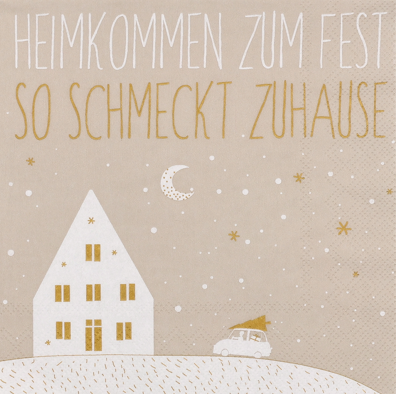 Eine Serviette mit deutschem Schriftzug und festlichem Design. Die Farben sind warm und einladend.