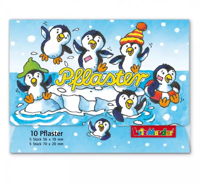 Auf dem Bild ist die Verpackung von "Pflasterbriefchen Pinguine" zu sehen. Die Verpackung zeigt fröhliche Pinguine auf einer Eisscholle im Wasser.