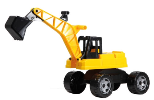 Das Bild zeigt einen gelben Spielzeugbagger mit schwarzem Greifarm. Der Bagger hat vier große Räder und steht auf weißem Hintergrund.