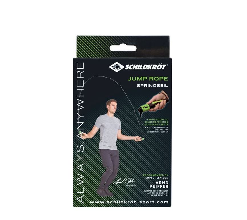 Auf der Verpackung ist ein Mann zu sehen, der mit einem Springseil springt. Das Produkt heißt "Springseil mit Zählfunktion Jumping Rope" von Schildkröt.