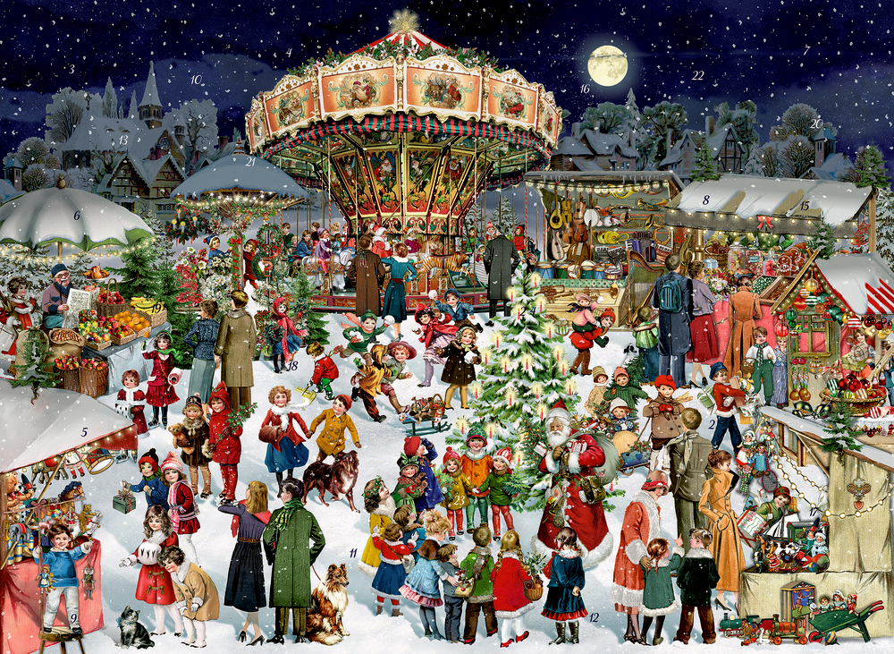 Das Bild zeigt Nostalgischer Weihnachtsmarkt, A3-Wand-Adventskale. Es handelt sich um einen Wand-Adventskalender mit Weihnachtsmarkt-Motiv.