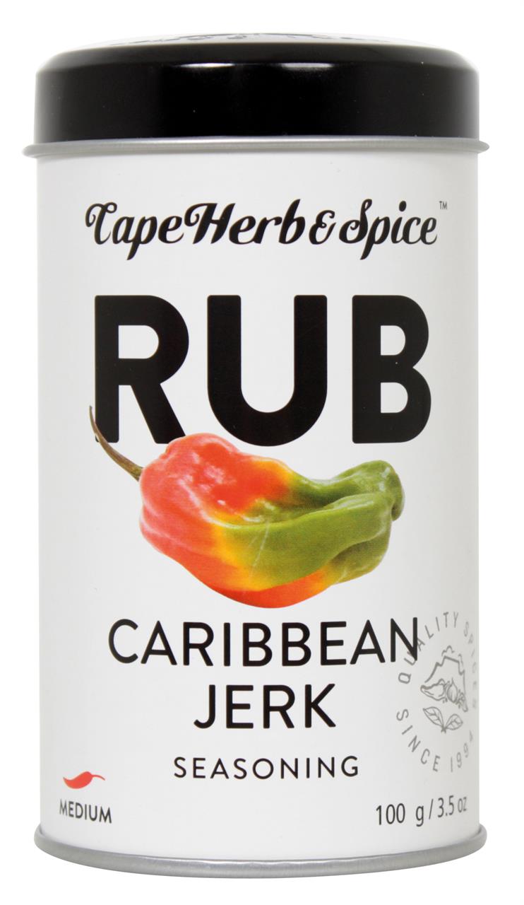 Dies ist eine Dose mit der Aufschrift "Caribbean Jerk Seasoning" von Cape Herb & Spice. Sie enthält 100g einer mittelscharfen Gewürzmischung für Rubs.