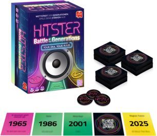 Das Bild zeigt das Gesellschaftsspiel 'Hitster - Battle of the Generations'. Es ist ein Musikspiel für verschiedene Generationen.