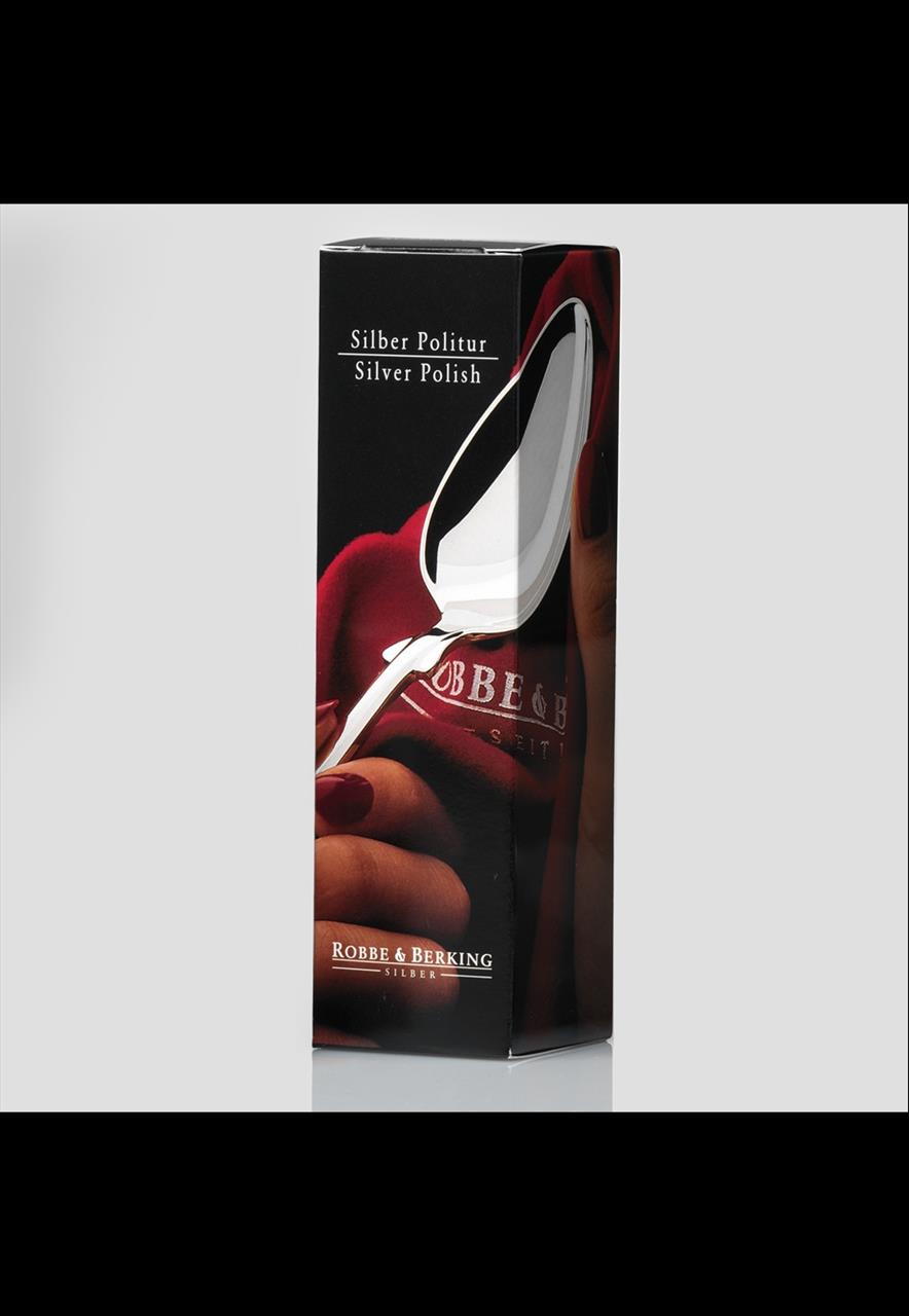 Das Bild zeigt eine Verpackung für Silberpolitur mit einem Fassungsvermögen von 250 ml. Auf der Schachtel ist ein glänzender Silberlöffel und der Markenname "Robbe & Berking" abgebildet.