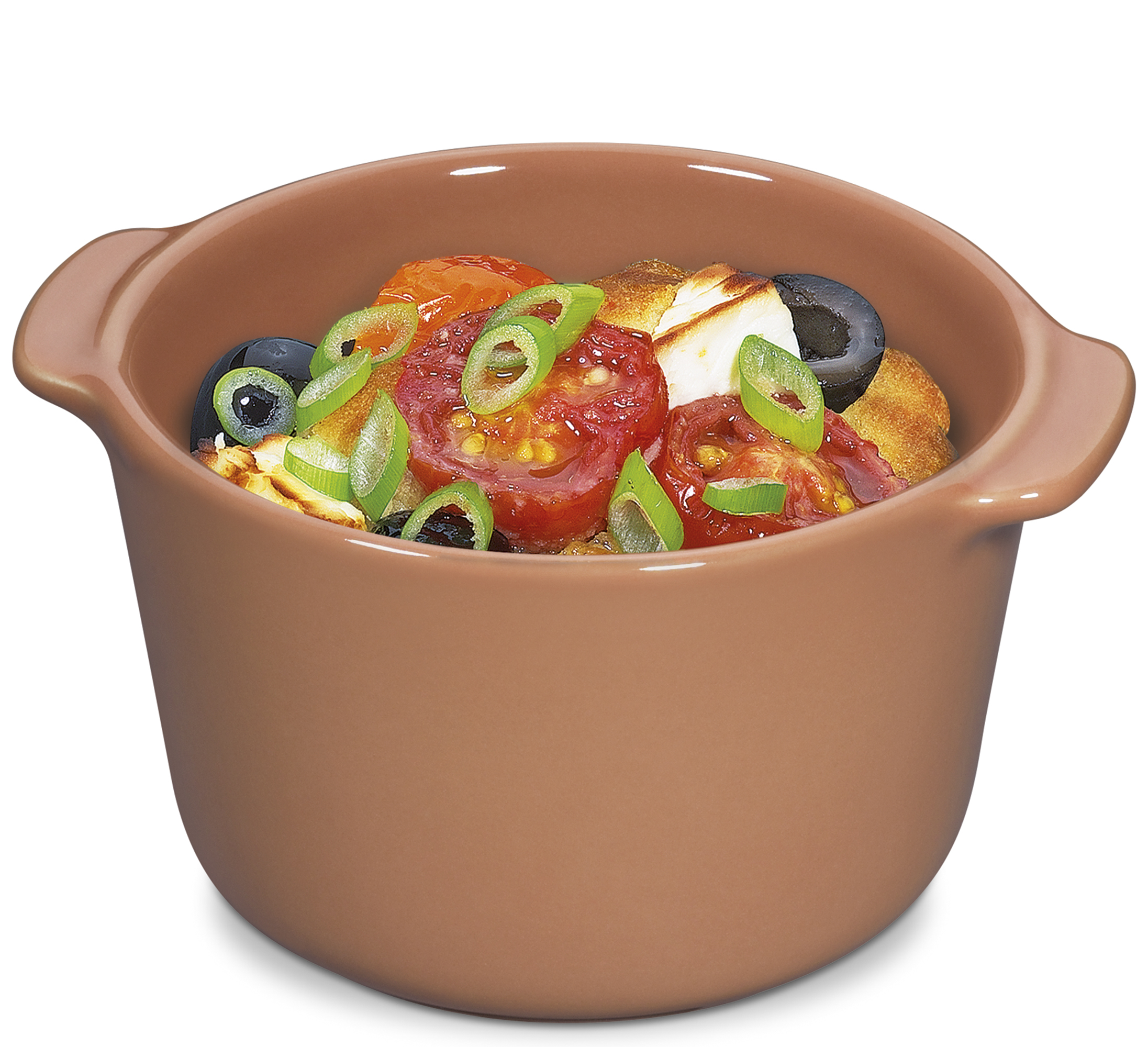 In einer braunen Schale befindet sich ein überbackenes Gericht mit Tomatenscheiben, Oliven, Frühlingszwiebeln und geschmolzenem Käse. Das Essen sieht frisch und appetitlich aus.