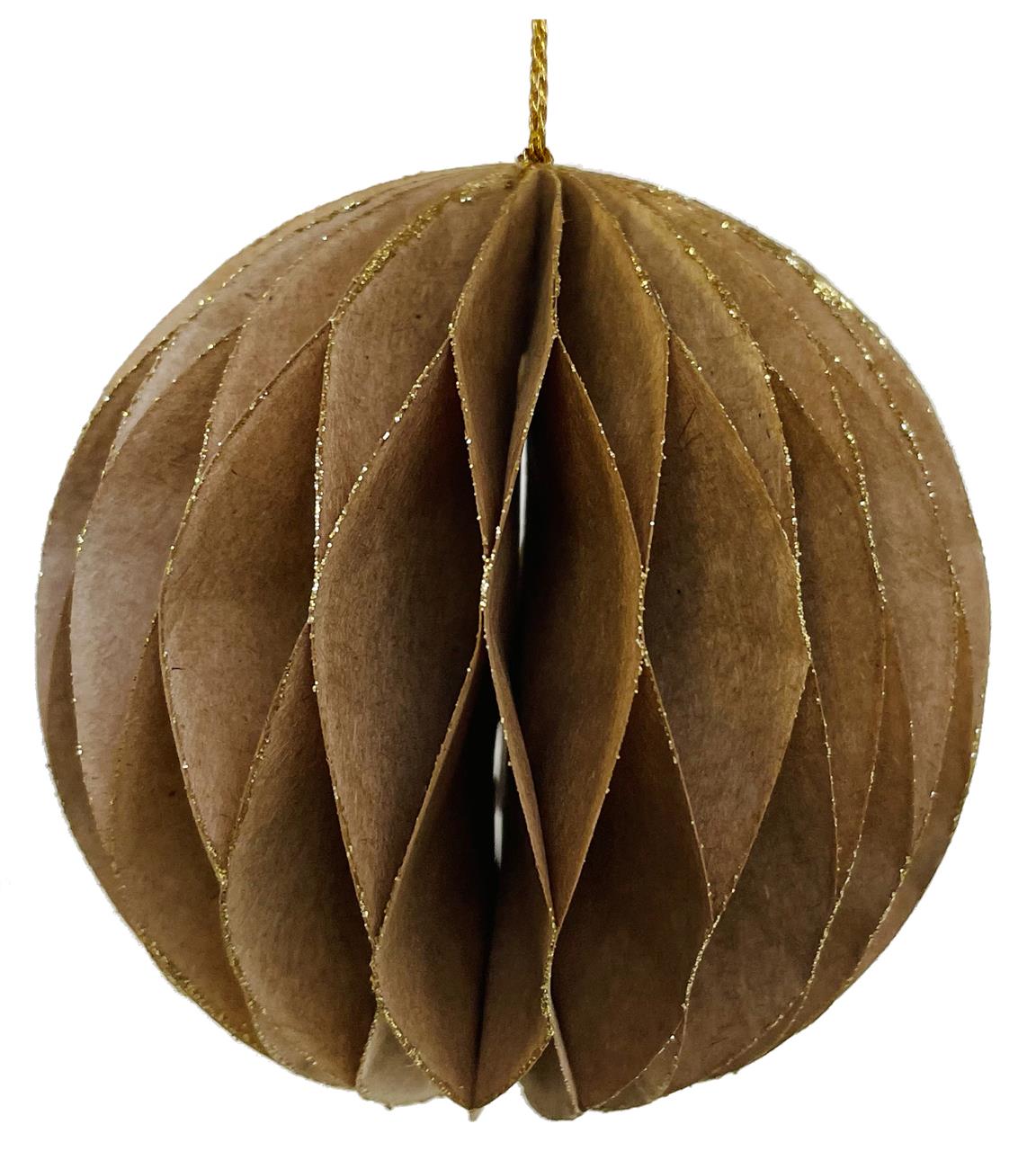 Die Abbildung zeigt eine braune, faltbare Papierkugel mit einem Durchmesser von 10 cm. Die Kugel hat einen Magnetverschluss und kann aufgehängt werden.