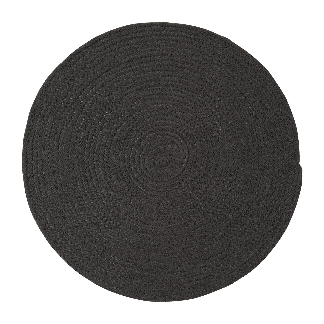 Das Bild zeigt ein rundes Tischset in der Farbe Anthrazit mit einem Durchmesser von 40 cm. Das Material ist geflochten und wirkt robust und modern.
