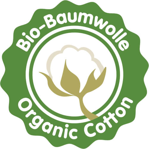 Das Bild zeigt ein grünes Siegel mit der Aufschrift „Bio-Baumwolle Organic Cotton“. In der Mitte befindet sich eine stilisierte Baumwollpflanze.