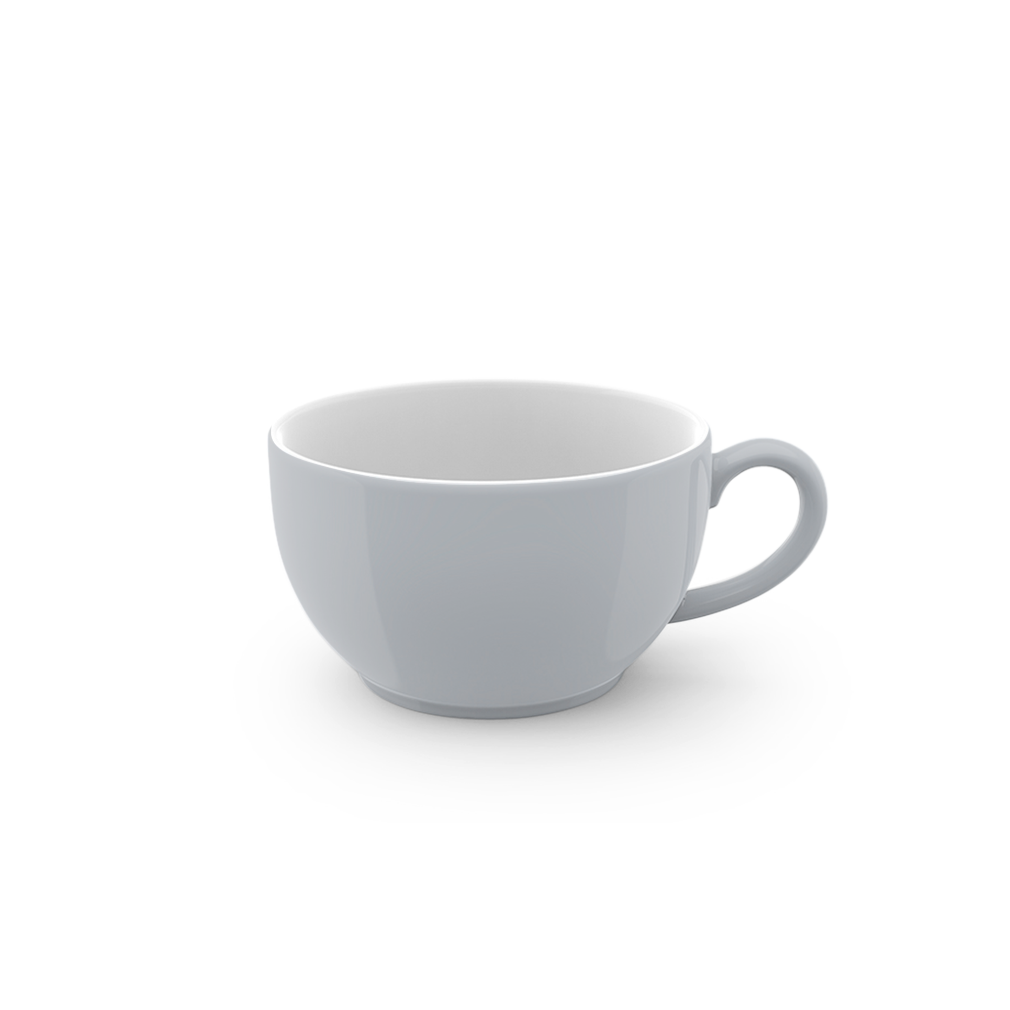 Auf dem Bild ist die Cappuccino Obertasse mit 0,30 l Fassungsvermögen in lichtgrauer Farbe zu sehen. Die Tasse hat ein schlichtes, modernes Design.