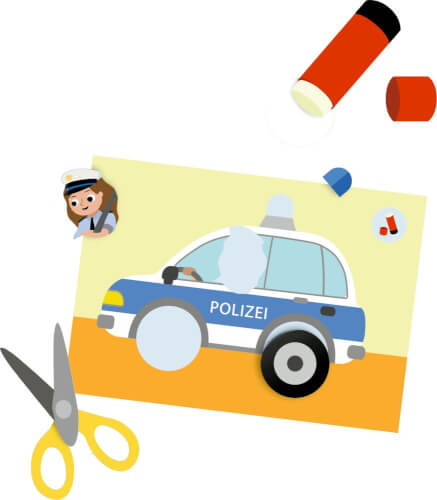 Auf dem Bild sieht man eine Bastelvorlage von einem Polizeiauto mit der Aufschrift "Polizei". Daneben liegen eine Schere, ein Klebestift und ausgeschnittene Teile, darunter eine Polizistin.