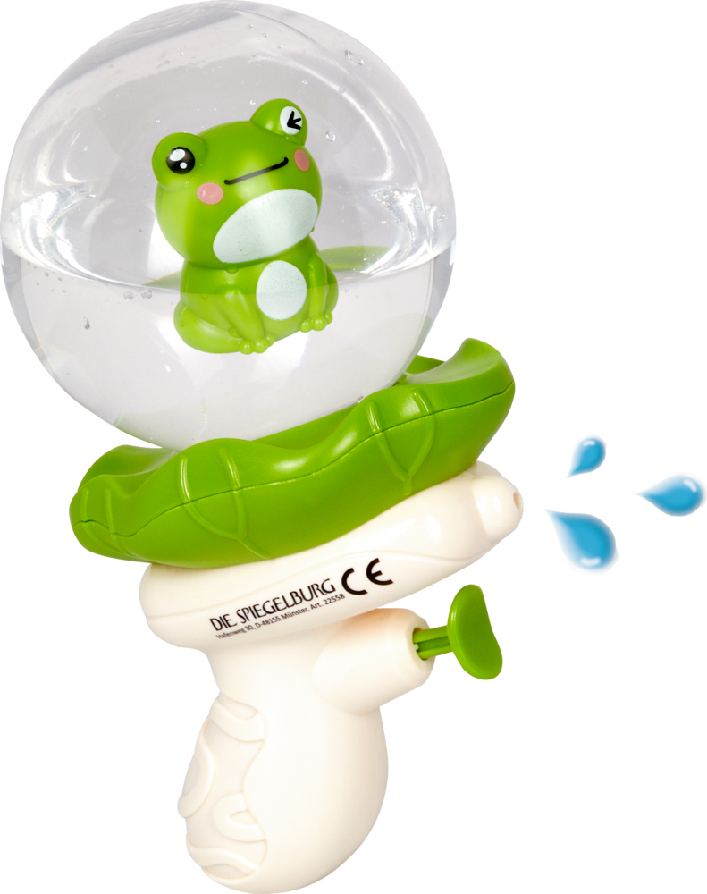Die Abbildung zeigt eine Wasser-Spritzpistole mit einem Frosch-Design im Wasserbehälter. Beim Drücken des Abzugs spritzt Wasser aus der Pistole heraus.