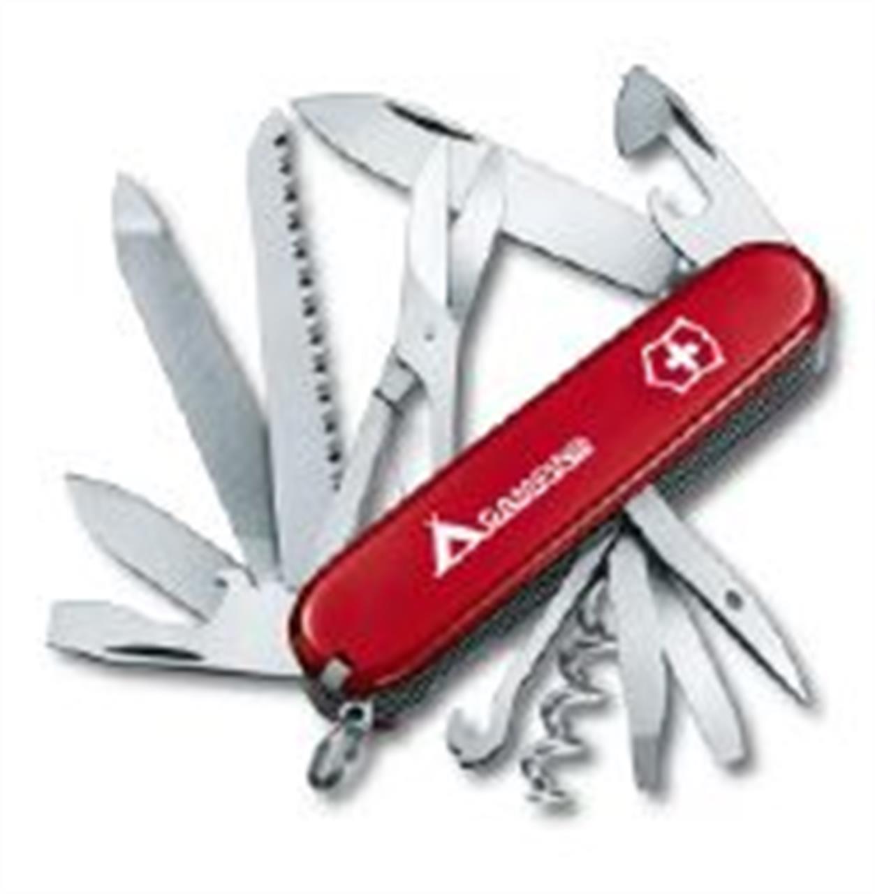Das Bild zeigt ein rotes Taschenmesser mit mehreren ausgeklappten Werkzeugen. Auf dem Griff steht „Ranger Rot Taschenmesser“ und es sind verschiedene Funktionen wie Klinge, Säge und Schere zu sehen.