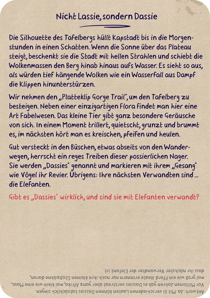 Das Bild zeigt eine Karte aus dem Spiel "Fernweh Das Quiz".  
Der Text beschreibt die Begegnung mit "Dassies" am Tafelberg in Südafrika und stellt die Frage, ob sie wirklich mit Elefanten verwandt sind.