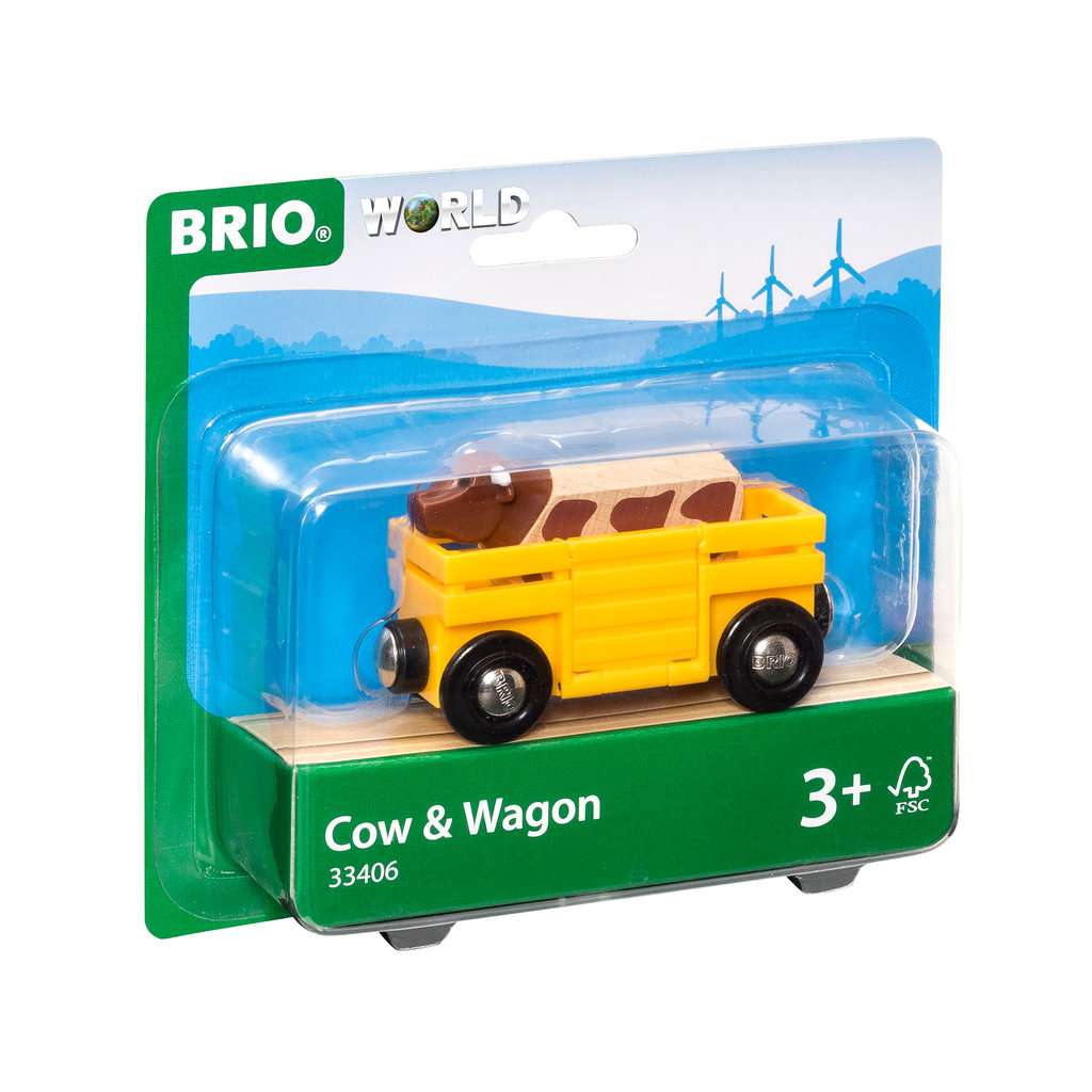 Das Bild zeigt das Spielzeug "BRIO® Tierwagen mit Kuh 33406" in seiner Verpackung. Der gelbe Wagen enthält eine kleine Holzkuh und ist für Kinder ab 3 Jahren geeignet.