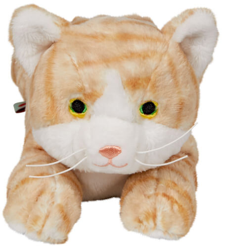 Das Bild zeigt ein Plüschtier in Form einer orangefarbenen Katze. Die Katze hat grüne Augen und weiße Schnurrhaare.
