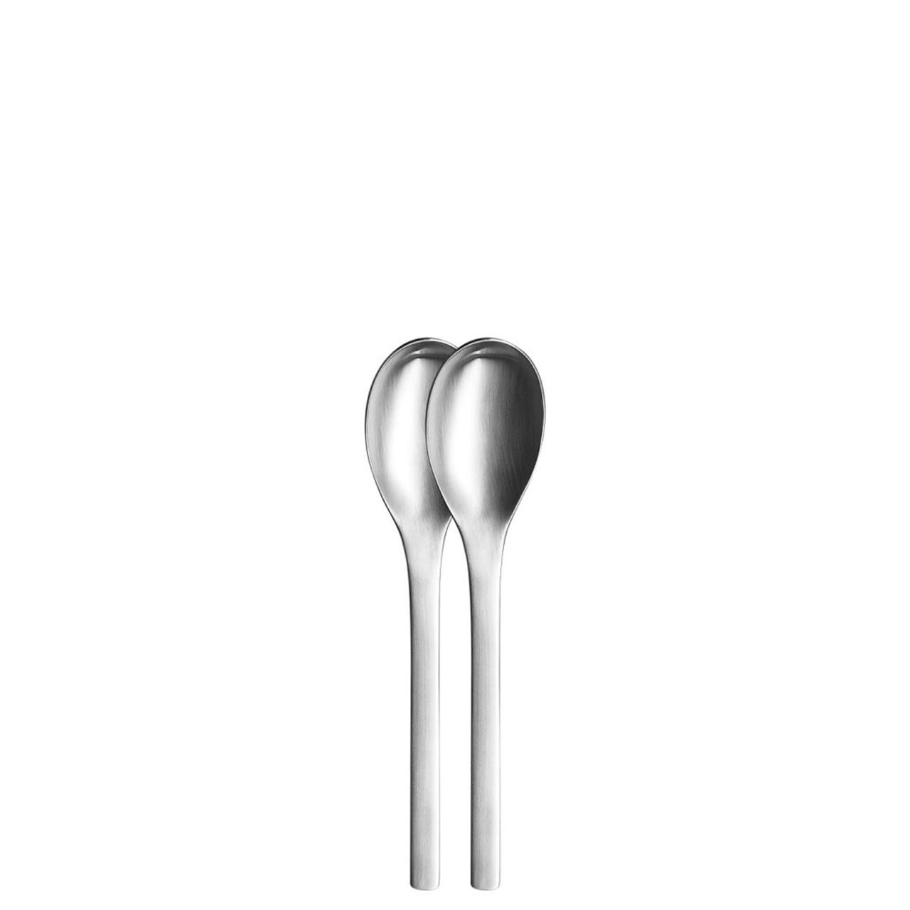 Das Bild zeigt zwei Müslilöffel aus Edelstahl nebeneinander. Die Löffel haben ein modernes, schlichtes Design.