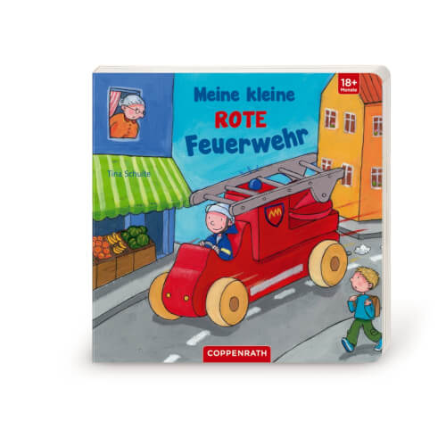 Auf dem Bild ist ein bunt illustriertes Kinderbuch mit dem Titel "Meine kleine rote Feuerwehr" zu sehen. Auf dem Cover fährt ein rotes Feuerwehrauto durch eine Stadt, während ein Junge daneben läuft und eine Frau aus dem Fenster schaut.