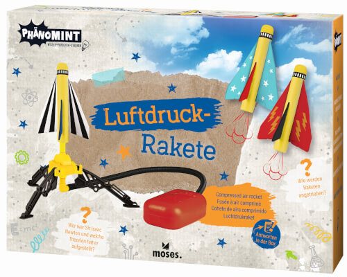 Auf dem Bild ist eine Verpackung für ein Luftdruck-Raketen-Spielzeug zu sehen. Auf der Schachtel sind bunte Raketen und eine Pumpe abgebildet.