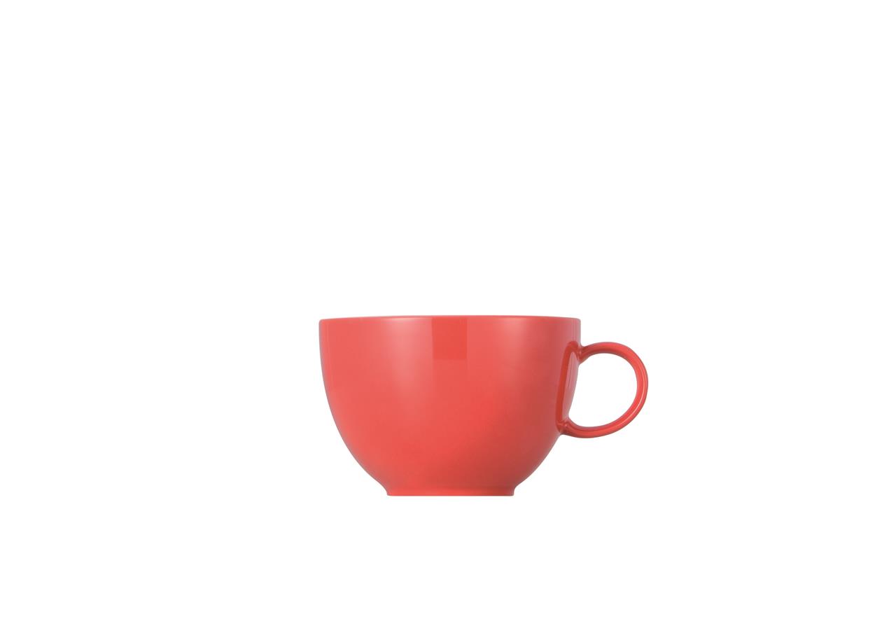 Die Abbildung zeigt eine Teetasse mit einem Fassungsvermögen von 0,20 Litern. Die Tasse ist in einem leuchtenden Rotton gehalten und hat ein schlichtes, modernes Design.