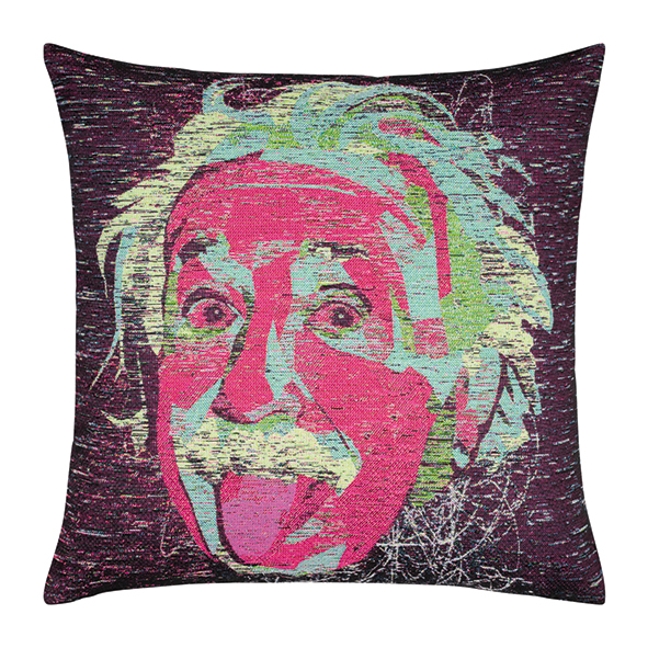 Das Bild zeigt das Kissen ICON einstein in der Größe 45 x 45 cm. Es handelt sich um ein dekoratives Kissen mit einem Einstein-Motiv.