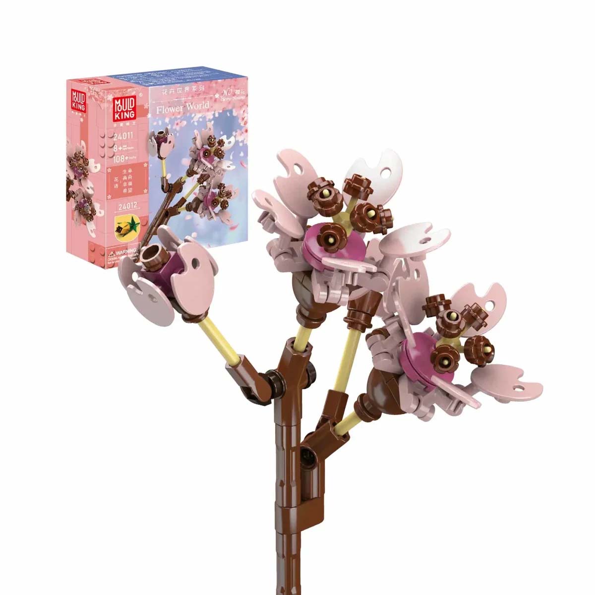 Das Bild zeigt das Produkt "Mould King® 24011 Kirschblüten", ein Baukasten-Set für Kirschblüten. Auf der Verpackung ist das fertige Modell mit rosa Blüten und braunem Stiel abgebildet.