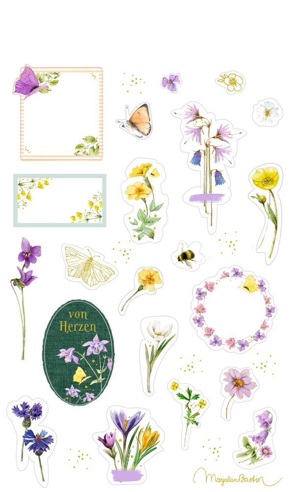 Stickerbogen Sticker und Etiketten Gartenliebe. Viele kleine Sticker mit bunten Bildern und Gartenmotiven.