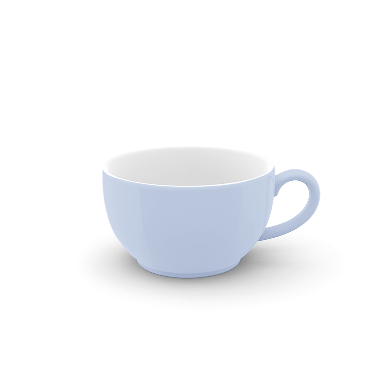 Dies ist eine cappuccinotasse in der Farbe Morgenblau. Sie hat ein Fassungsvermögen von 0,30 Litern und ein schlichtes, einfarbiges Design.