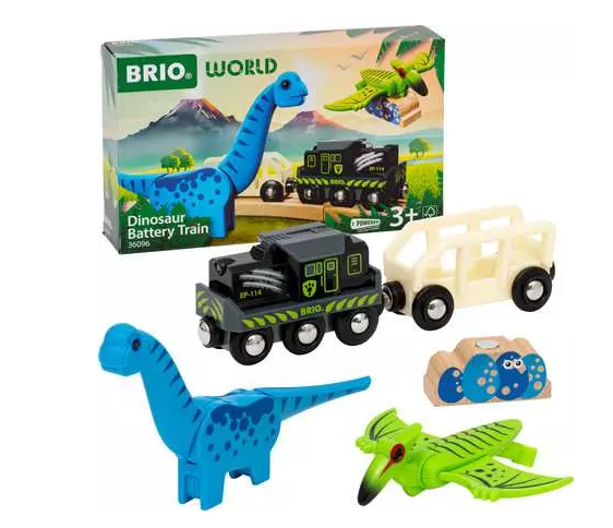 BRIO® Dinosaurier Batteriezug RW Battery Function ist ein motorisierter Zug mit Dinosaurier-Thema. Er kann auf Schienen fahren und bringt Action ins Kinderzimmer.