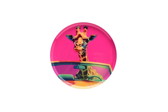 Dekotablett „Love Trays“ in XS mit Giraffen-Motiv auf rundem Tablett. Das Tablett ist klein und hat ein tierisches, freundliches Design.
