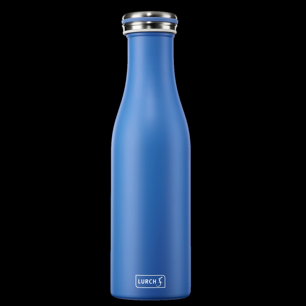 Die Abbildung zeigt eine blaue Isolierflasche aus Edelstahl mit einem Fassungsvermögen von 0,5 Litern. Die Flasche hat einen schlichten, modernen Look und einen silbernen Schraubverschluss.