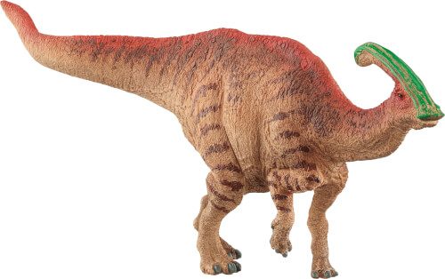 Das Bild zeigt eine Nachbildung eines Dinosauriers mit einem langen Schwanz und einem grünen Kamm am Kopf. Das Modell ist braun mit roten und dunkelbraunen Streifen.