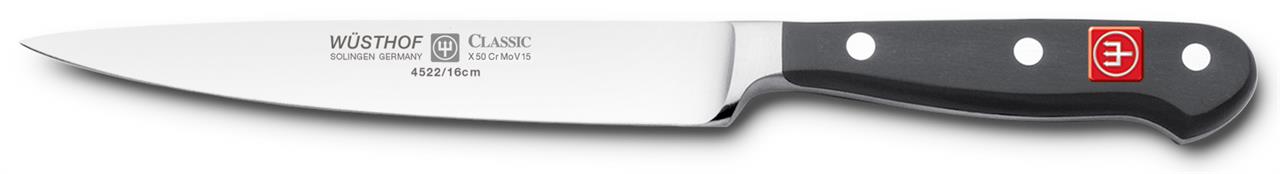 Das Bild zeigt ein Schinkenmesser der Marke Wüsthof mit einer Klingenlänge von 16 cm. Das Messer hat eine klassische Form mit einem schwarzen Griff und drei Nieten.
