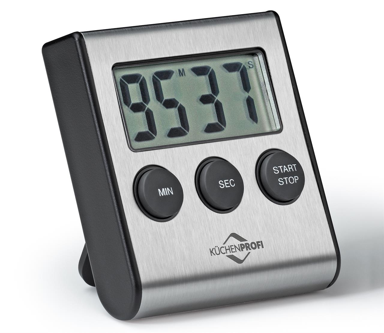 Das Bild zeigt einen digitalen Timer namens "PRIMUS" mit einem großen Display. Er hat drei Bedienknöpfe: MIN, SEC und START/STOP.