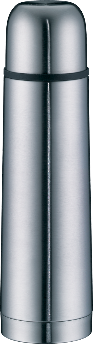 Die Abbildung zeigt eine silberne Isolierflasche mit einem schlichten, modernen Design. Es handelt sich um das Produkt "Isolierflasche Isotherm Eco II 0,5L".