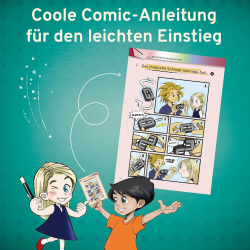 Zwei Kinder schauen sich gemeinsam eine Comic-Anleitung an. Im Hintergrund steht: "Coole Comic-Anleitung für den leichten Einstieg."
