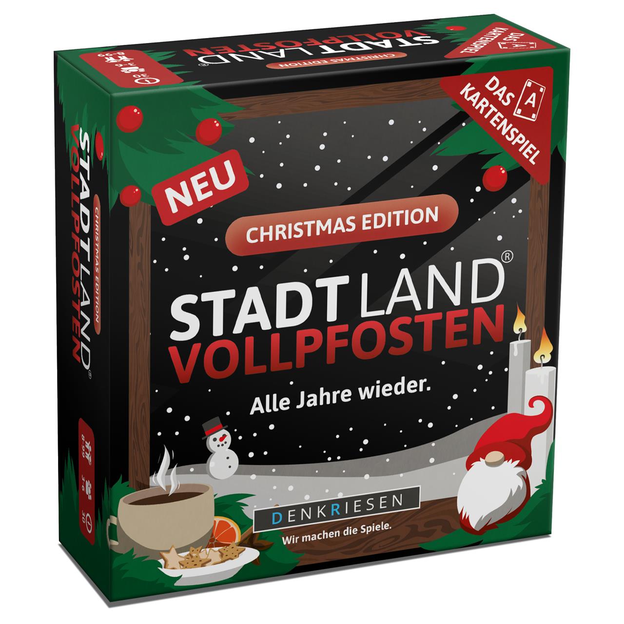 Auf dem Bild ist das Kartenspiel "STADT LAND VOLLPFOSTEN®: CHRISTMAS EDITION - Alle Jahre wieder" zu sehen. Die Verpackung ist weihnachtlich gestaltet mit Schneeflocken, Kerzen, einem Schneemann und einem Weihnachtsmann.