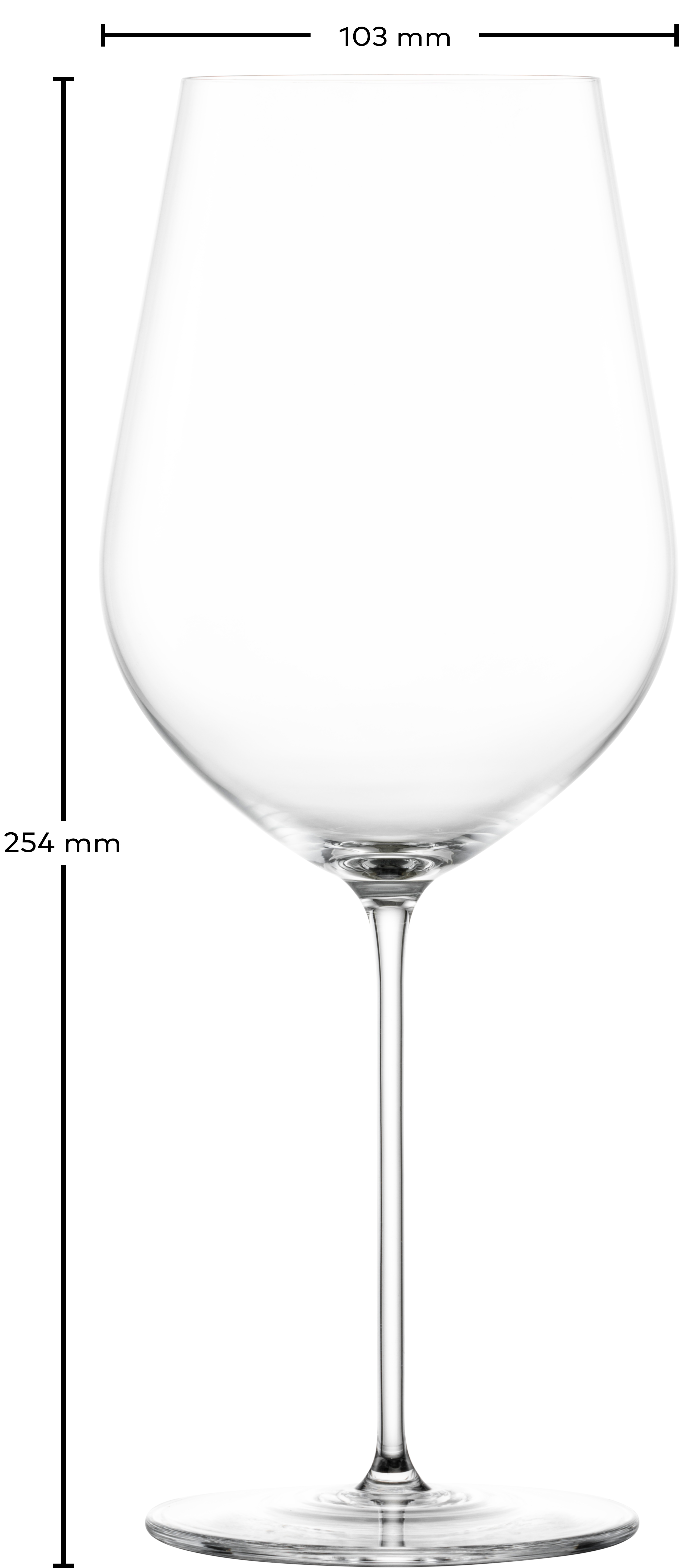 Das Bild zeigt ein Rotweinglas der VUELO-Serie. Das Glas ist edel und steht auf einer glatten Fläche.