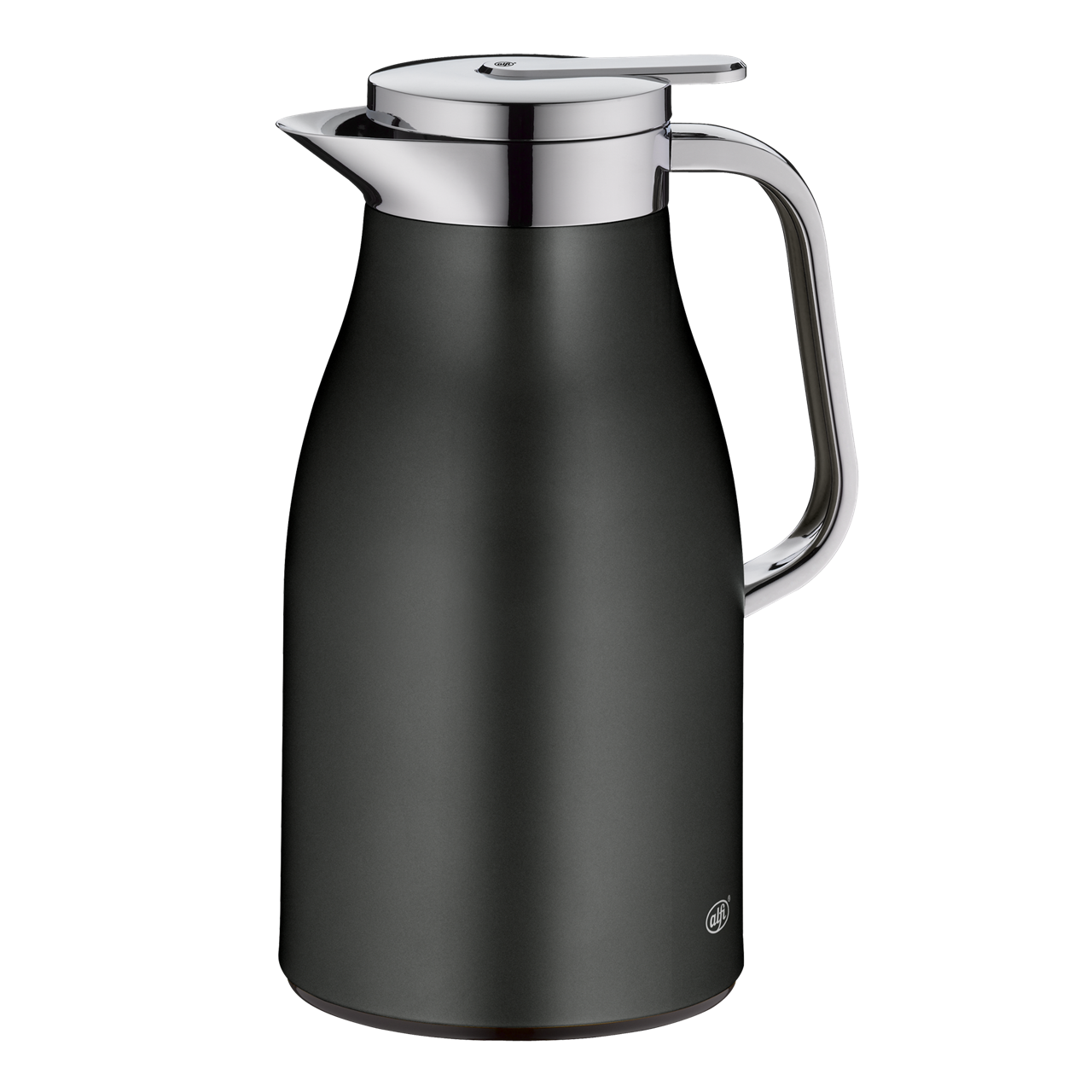 Die Abbildung zeigt eine Isolierkanne in der Farbe Cool Grey mit einem Fassungsvermögen von 1,0 Liter. Die Kanne hat ein modernes, mattes Design mit silbernem Griff und Deckel.