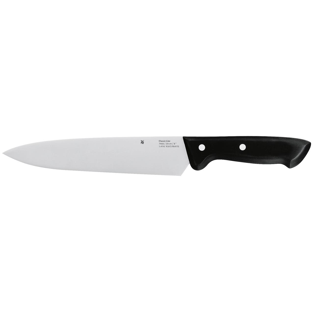 Das Bild zeigt ein Kochmesser der Classic Line mit einer Klingenlänge von 20 cm. Das Messer hat eine silberne Klinge und einen schwarzen Griff.
