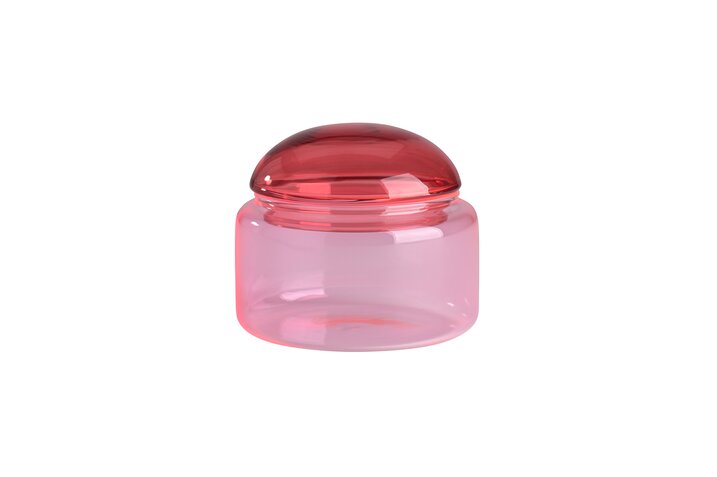 Voile Glasdose in Größe S aus Borosilikatglas in rot und rosa. Ideal zur Aufbewahrung kleiner Accessoires oder Schmuck.