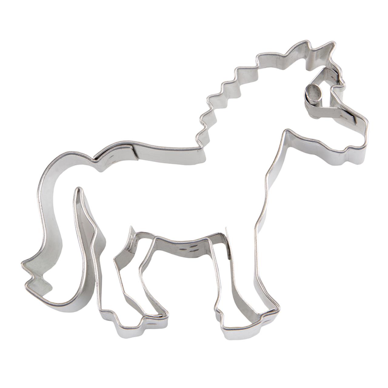 Auf dem Bild ist ein Ausstecher in Form eines Ponys zu sehen. Der Ausstecher ist aus Metall und etwa 6 cm groß.