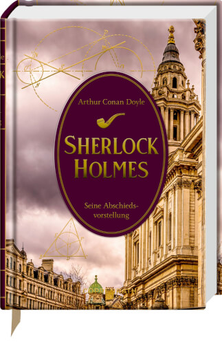 Auf dem Bild ist ein Buchcover zu sehen, auf dem "Sherlock Holmes" von Arthur Conan Doyle steht. Im Hintergrund ist ein historisches Gebäude vor einem bewölkten Himmel abgebildet.
