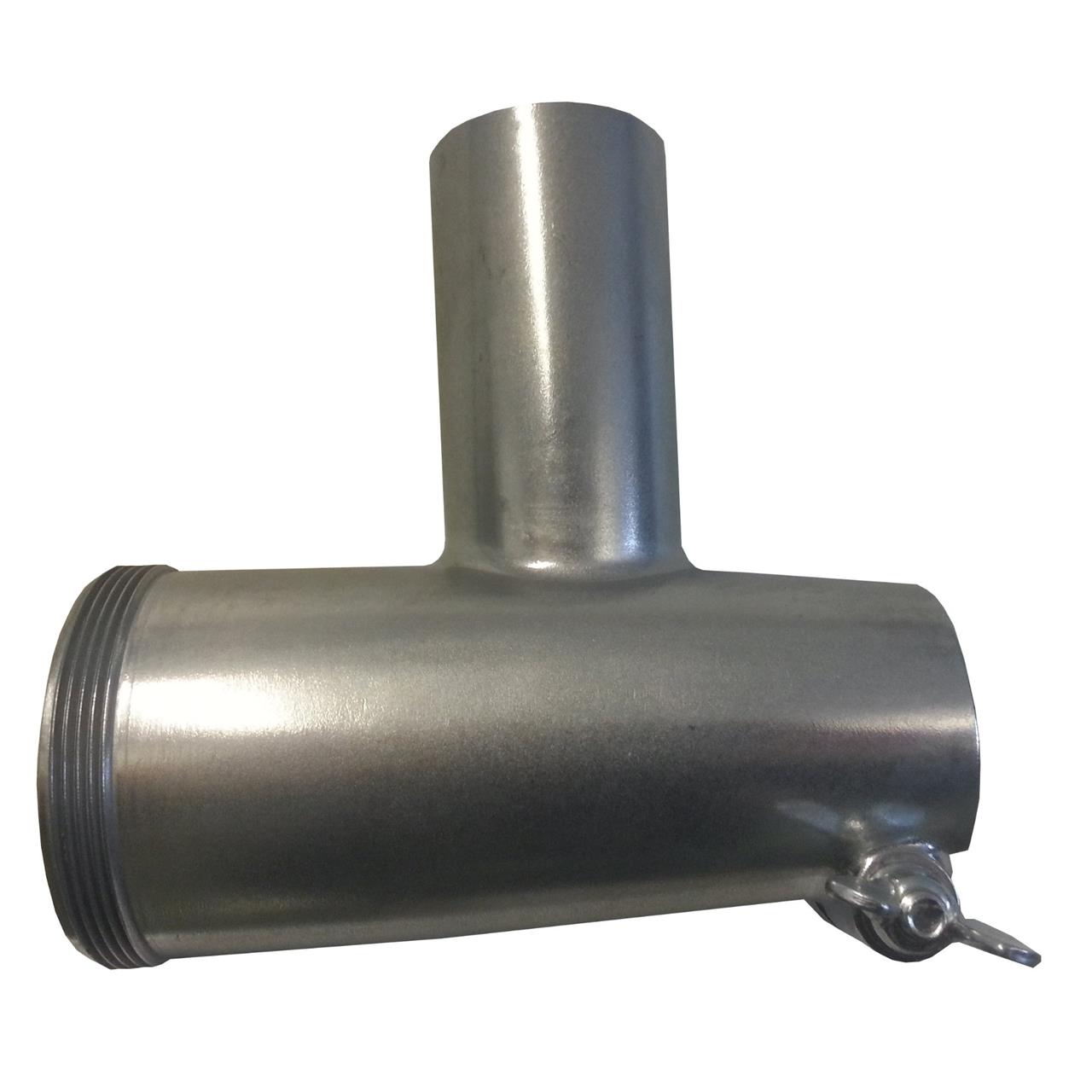 Das Bild zeigt einen Fleischwolf aus Metall. Er hat einen Zubehörsatz und ist zur Verarbeitung von Fleisch geeignet.