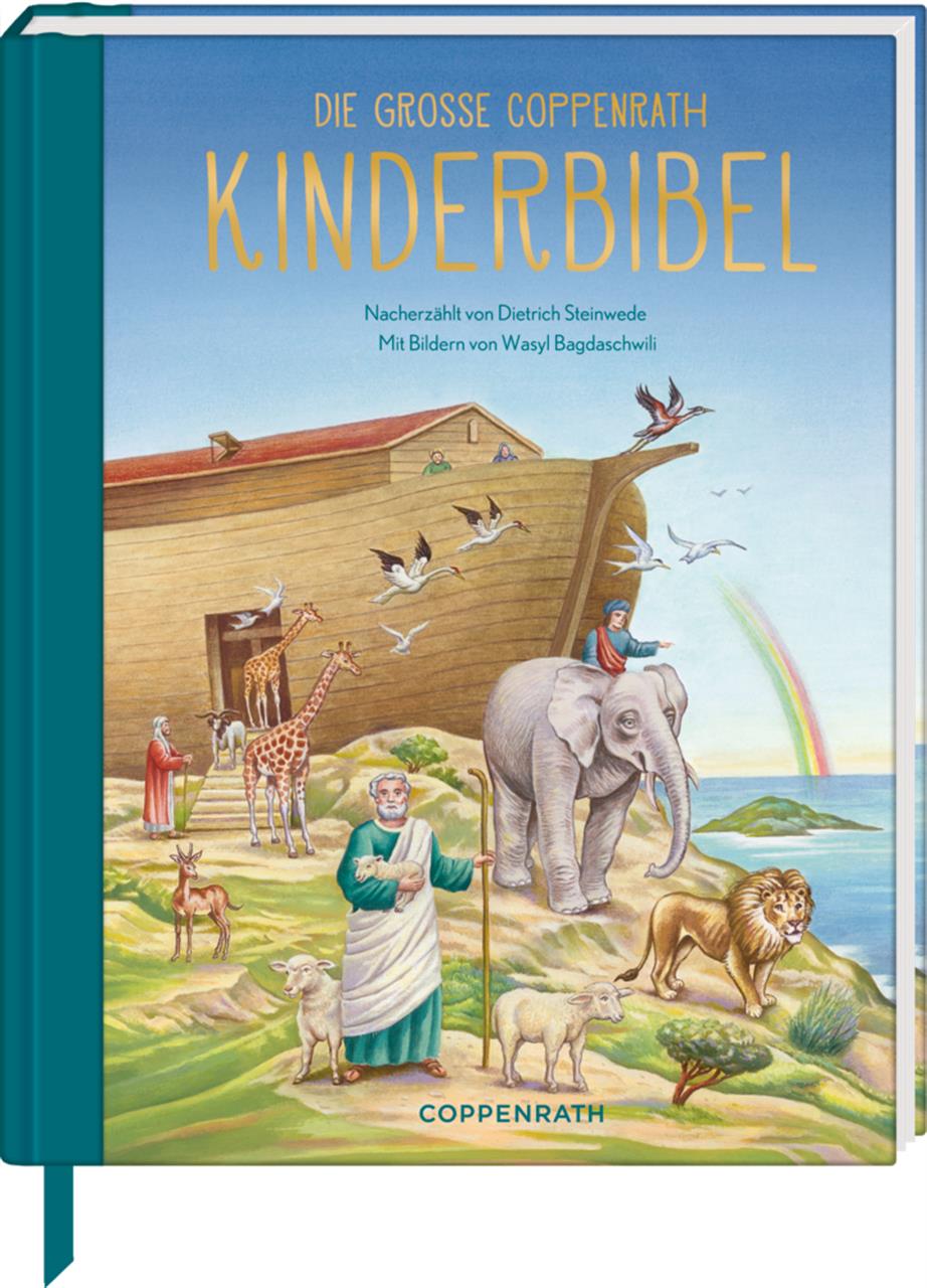 Auf dem Bild ist das Buch "Die große Coppenrath Kinderbibel" zu sehen. Auf dem Cover sind Noahs Arche, verschiedene Tiere und ein Regenbogen abgebildet.