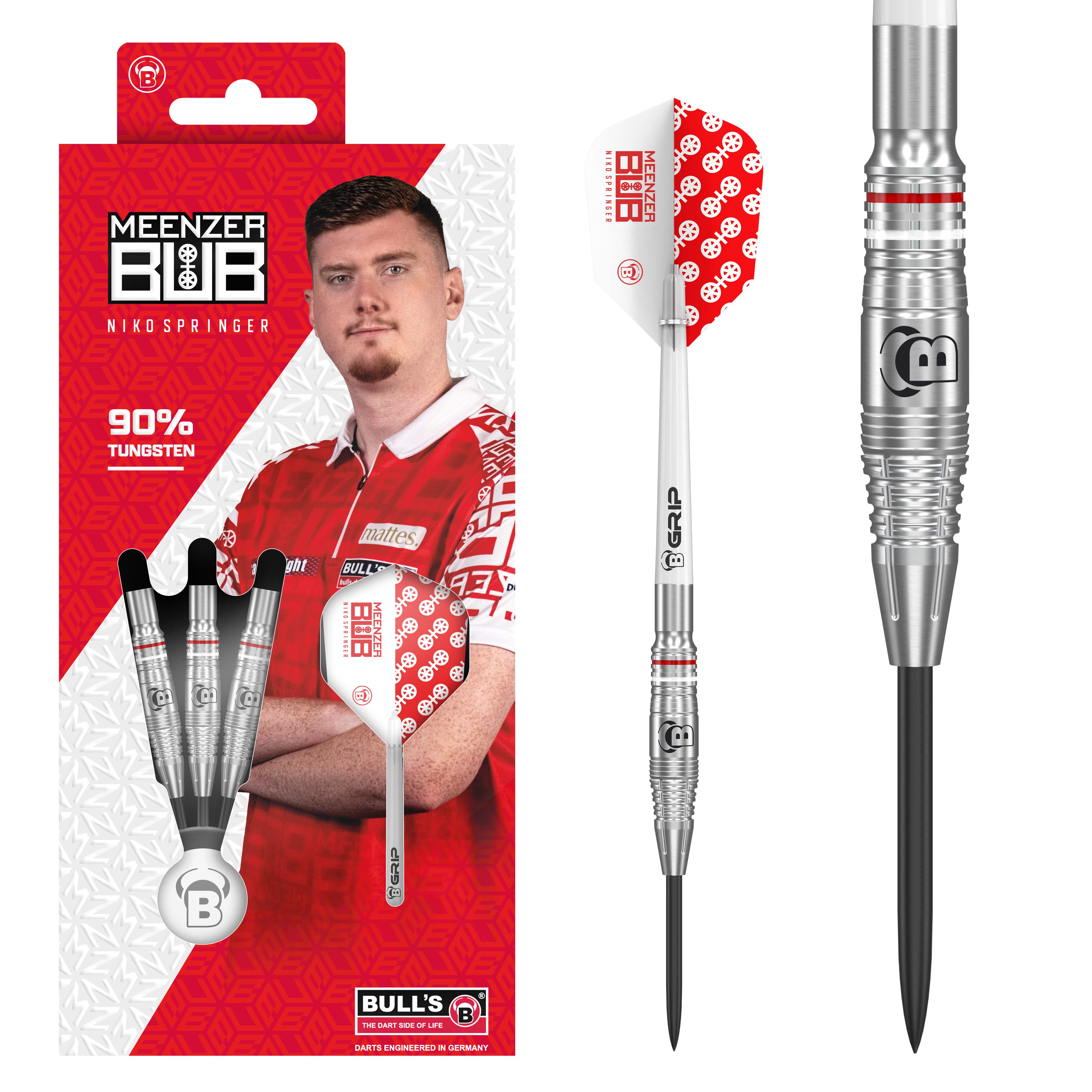 Auf dem Bild ist das Produkt BULL'S® N. Springer Steel 24g zu sehen. Es handelt sich hierbei um einen robusten Steeldart.