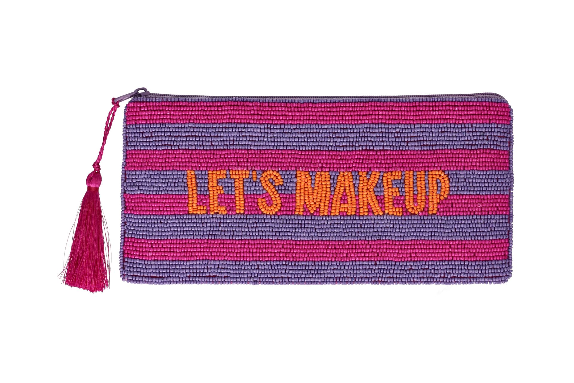 Auf dem Bild ist die Elodie Kosmetiktasche in Größe L mit dem Motiv 'Let's Makeup, pi' zu sehen. Diese Tasche eignet sich ideal zum Aufbewahren von Make-up.