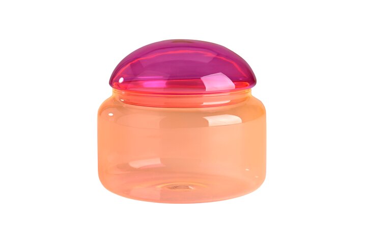 Voile Glasdose in Größe L aus Borosilikatglas in pink und orange. Sie bietet viel Platz für praktische Aufbewahrung mit farbenfrohem Design.
