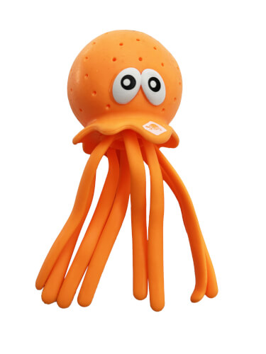 Das Bild zeigt ein orangefarbenes Spielzeug in Form eines Oktopus. Es hat große, lustige Augen und lange, weiche Tentakel.