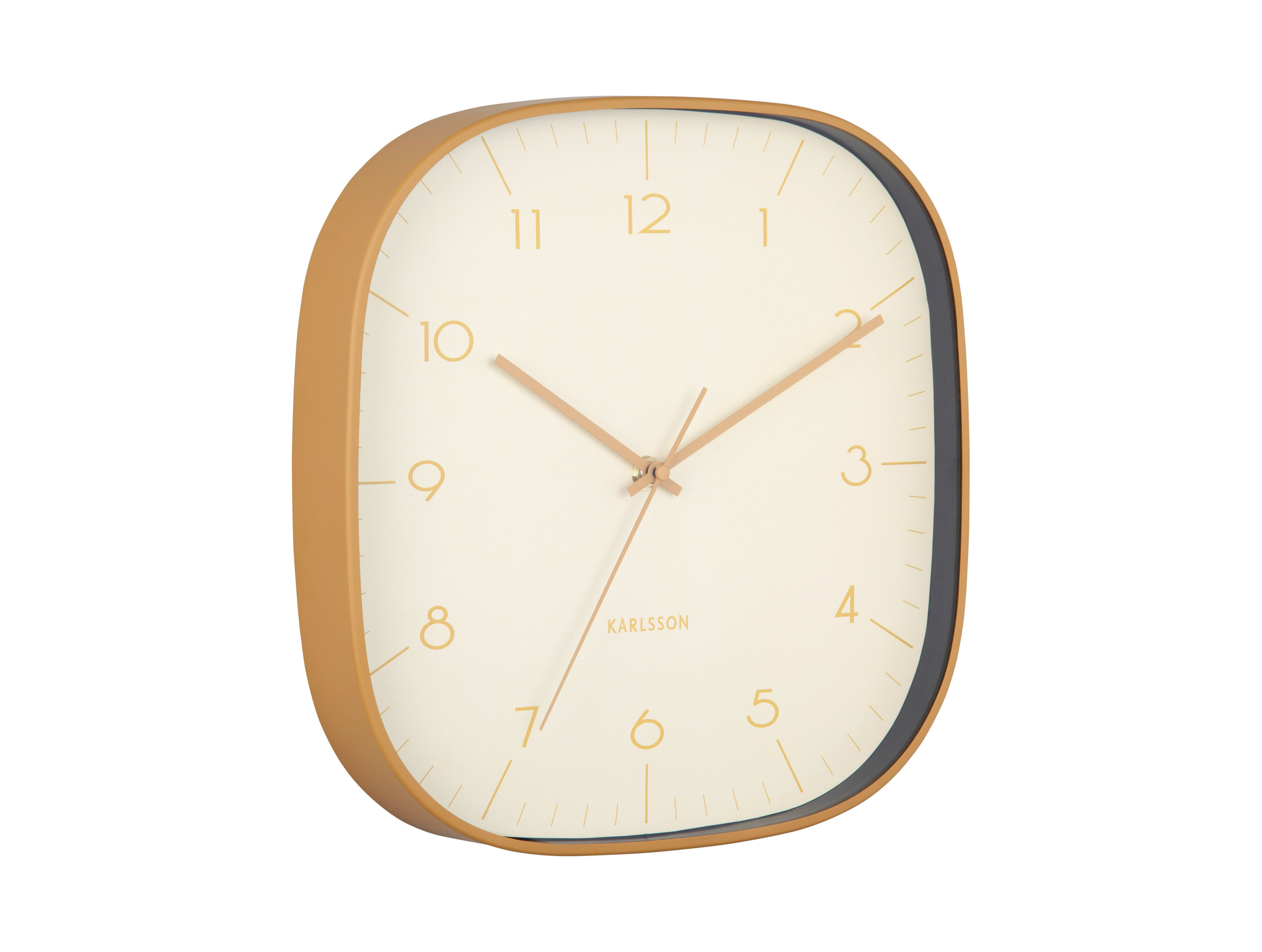 Wanduhr Grato Cuadrado in zartem Gelb. Das schlichte, quadratische Design wirkt freundlich.